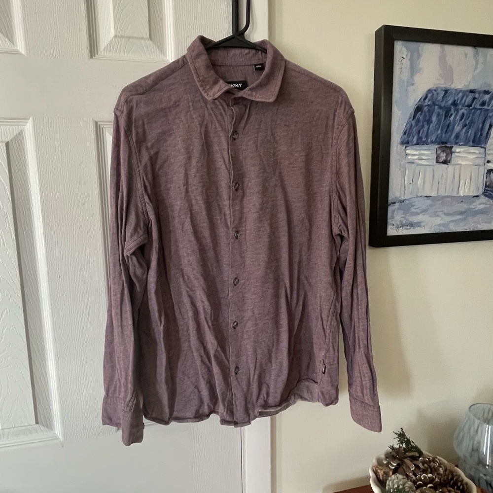 DKNY Men's Casual Purple/Red Button-Down Shirt L